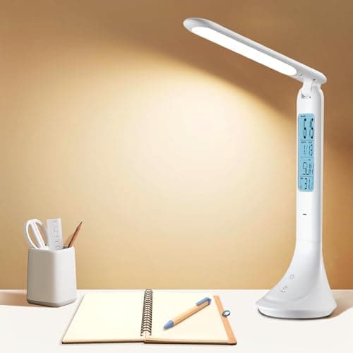 JEAYYDSI LED Desk Lamp with USB Charging Port, Dimmable Desk Lights for Home Office with Digital Display Clock, Alarm, Date, Temperature, Foldable Desk Lamp for College Dorm Room Table Bedroom Bedside