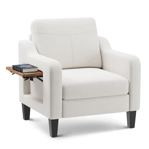 Accent Chair for Living Room Modern Linen Upholstered Armchair Side Wooden Fabric Sofa Chair with Foldable Table 2 Side Pockets Comfy Reading Chair for Bedroom