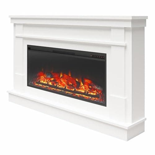 Pemberly Row Wide Mantel with Linear Electric Fireplace, 64 in Wide, Laminated MDF, White Finish, Realistic Flame Effect, Remote Control, Modern Design for Living or Family Room