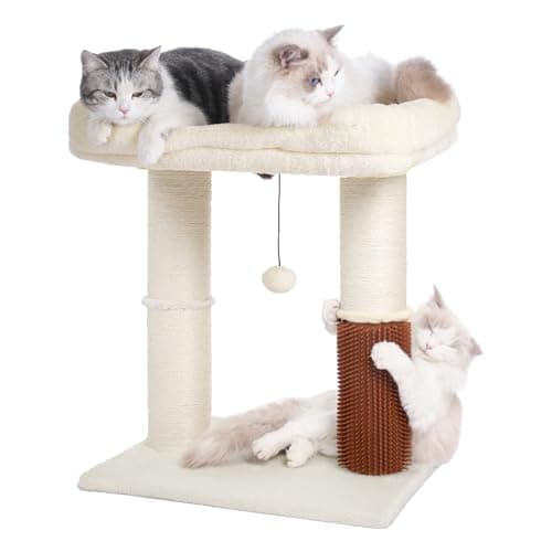 Pawfessor Cat Tree Tower for Large Cats Cat Scratching Post with Cat Self Groomer, 20x15.7” Wide Top Bed, Thick Scratch Post [Dia=4.5”] and Danging Ball Great for Indoor Cats-Large Beige