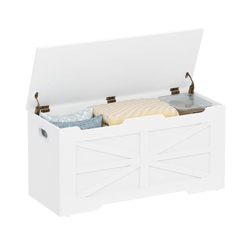 Hzuaneri 39.4" Storage Chest, Extra Large Storage Trunk with 2 Hinges, Wooden Box Bench, Lift-Top Organizer Chest, Shoe Bench for Entryway, Bedroom, Living Room, White SB03403X
