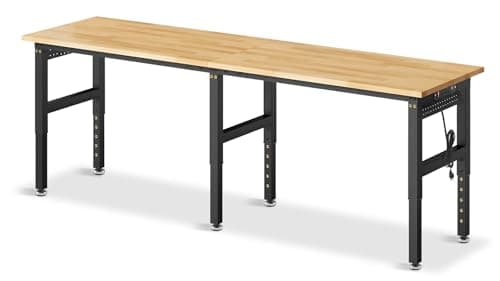 MUWOOD 96”Adjustable Work Bench, 5000 LBS Capacity Heavy Duty Workbench with Power Outlet & Pegboard, Rubber Wood Work Table for Garage, Workshop, Office, Home 7
