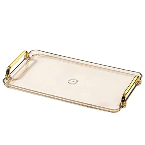 Waltsun Acrylic Serving Tray with Handles Ottoman Countertop Decorative Tray Serving Tray Spill-Proof Tray for Coffee Table Living Room Bedroom16 x 9 x 0.8 inches (Amber)