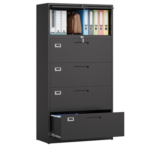 MIIIKO 4 Drawer File Cabinet with Top Shelf, Metal Lateral Filing Cabinet with Lock, 1 Door File Cabinets Storage Organizer for Home Office