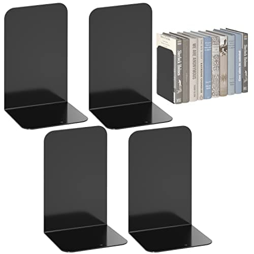 VFINE Metal Bookends 2 Pairs, Black Book Ends, Bookends for Shelves, Book Stopper for Heavy Books, Book Dividers for Home Office School Supplies