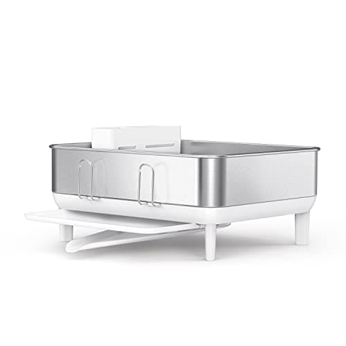 simplehuman Compact Kitchen Dish Drying Rack with Swivel Spout, Fingerprint-Proof Stainless Steel Frame, White Plastic 5
