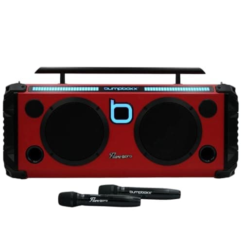 Bumpboxx Bluetooth Portable Speaker Boombox Flare8 Pro Red | Retro Boombox with Bluetooth Speaker | Rechargeable Lithium Battery | Includes 2 Wireless Microphone, Carrying Strap & Remote Control