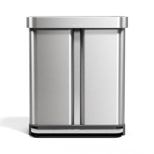 simplehuman 58 Liter / 15.3 Gallon Rectangular Dual Compartment Recycling Step, Brushed Stainless Steel with Soft-Close Plastic Lid Kitchen Trash Can