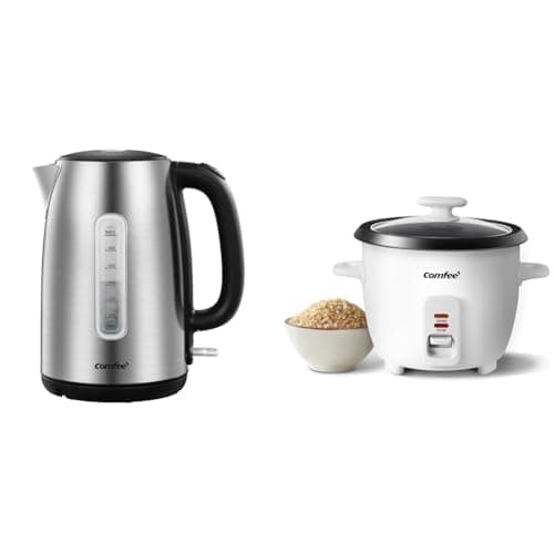 COMFEE' Stainless Steel Electric Kettle, 1.7 Liter Tea Kettle Electric & Hot Water Kettle + COMFEE' Rice Cooker, 6-Cup Cooked/3-Cup Uncooked, One Touch, White, Bundle