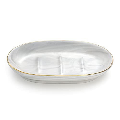 Luxspire Soap Dish Holder, Ceramic Marble Soap Tray Bar Soap Holder with Gold Trim, Oval Sponge Case Box Hand Soap Plate Container for Bathroom Vanity Shower Kitchen Sink Easy Cleaning, Marble White