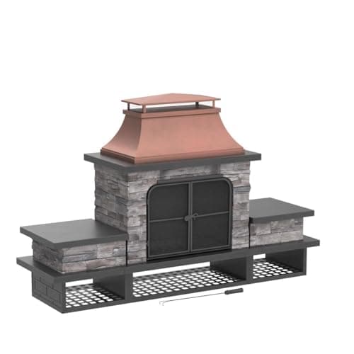 Sunjoy Outdoor Fireplace, Patio Wood Burning Fireplace with Steel Chimney, Mesh Spark Screen Doors, Fire Poker, and Removable Grate, Copper and Black 4