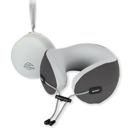 SKYTRAX COMF® Premium Ergonomic Memory Foam Travel Neck Pillow, Washable Cooling Ice Silk Cover, Firm Neck Support for Airplane Long Flights & Pain Relief, with Portable Carry Case (Grey)