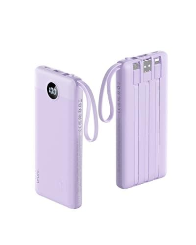 VRURC Portable Charger Power Bank, 10000mAh Travel Essentials Battery Pack, 5 Outputs 2 Inputs Slim Charging Bank Built-in Cables Cords for iPhone 17 16 15 14 13,Samsung,Android-Lavender(1 Pack)
