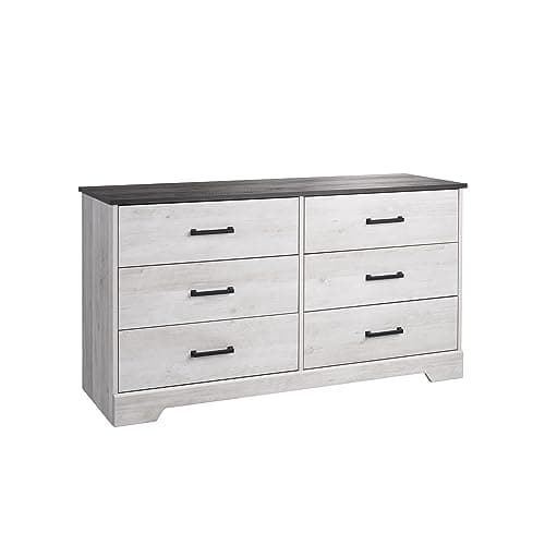 Prepac Rustic Ridge Farmhouse 6-Drawer Double Dresser, Washed White Dresser for Bedroom, Chest of Drawers with 6 Storage Drawers, 53.25” wide x 18.25” deep x 28.5” tall, Washed White
