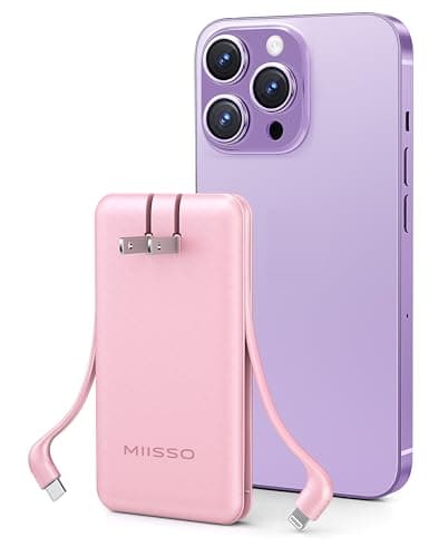 miisso Ultra Slim 10000mAh Power Bank Built-in Cables and Foldable AC Wall Plug, Pocket Size USB C Portable Charger, External Battery Pack Compatible with iPhone Samsung, Pink