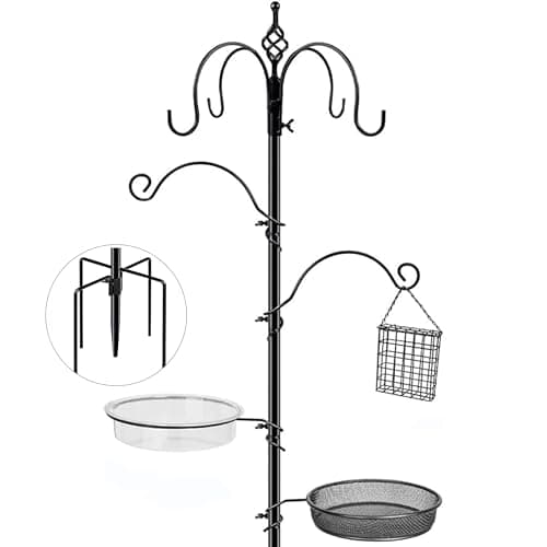 Kodope Bird Feeding Station, 90.55in 6-Hook Wild Bird Feeder Stand Pole with Water & Mesh Tray Humming Bird Feeders for Outdoors Easy Assembly for Courtyards Gardens (Black)