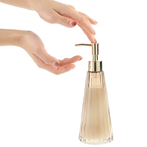 MyGift 2 Pcs Vintage Soap and Lotion Dispenser Set, Smoked Glass and Brass Liquid Pump Dispenser with Vertical Ribbed Design 5