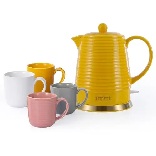 LONGSEED 1.2 liter Ceramic Electric Kettle with Infuser & Cups Set, 1000W Fast Boiling Water, Boil-Dry Protection Auto Shut Off, Detachable Swivel Base, Water Heater Teapot For Coffee & Tea