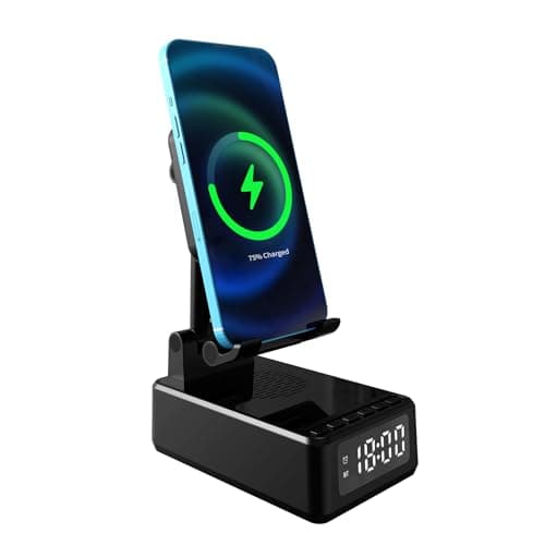 SHGUMITE Cell Phone Stand with Wireless Bluetooth Speaker 15W Wireless Charging, HD Surround Sound and Alarm Clock Bluetooth Speaker Holder for Phone, Tablet, Gifts for Men Women Dad (Black) 5