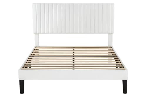 Allewie Full Bed Frame, Velvet Upholstered Platform Bed with Adjustable Vertical Channel Tufted Headboard, Mattress Foundation with Strong Wooden Slats, Box Spring Optional, Easy Assembly, Off-White 9