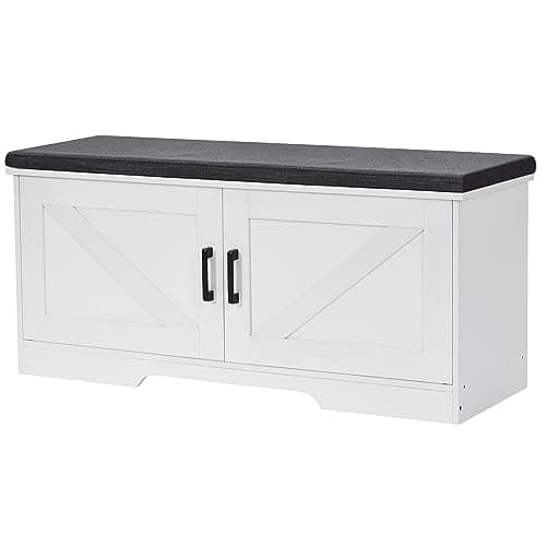 HOMSHO 2-Tier Storage Bench, 39.4" Wide Shoe Bench with Padded Seat Cushion, Entryway Bench with 2 Barn Doors and Adjustable Shelf, White