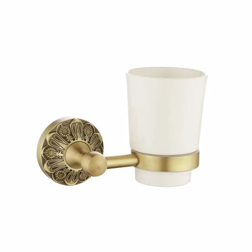 Lucyound Antique Brass Toothbrush Holder, Wall Mounted Bathroom Tumbler Cup Set, Vintage Gold Decorative Bathroom Accessories, Ceramic and Brass, Petal-Relief Series