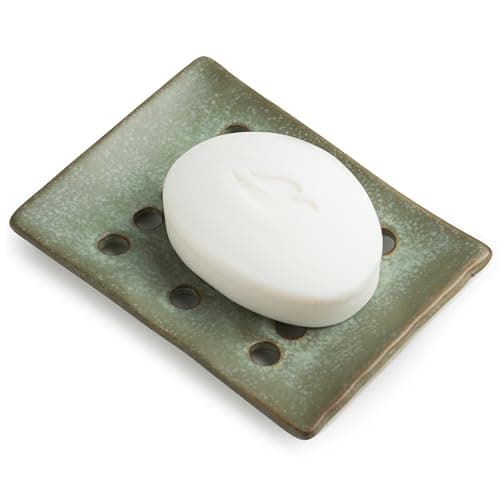 Cormomu Ceramic Soap Dish with Self Drain for Shower, Bar Soap Holder to Lift and Keep Dry, Concave Design to Prevent Slipping, Suitable for Kitchen and Bathroom, Green