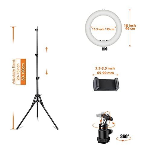 Inkeltech Ring Light - 18 inch 3000K-6000K Dimmable Bi-Color Light Ring, 60W LED Ring Light with Stand, Lighting Kit for Vlog, Selfie, Makeup, YouTube, Camera, Phone - LCD Screen & Remote Control 6