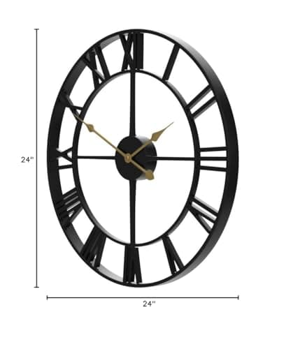 LEIKE Large Wall Clock, 24" Completely Silent, Non Ticking, Battery-Operated,Rustic Round Modern Metal Wall Clock Decor for Living Room, Bedroom and Kitchen, (60cm, Black-Roman Number) 9