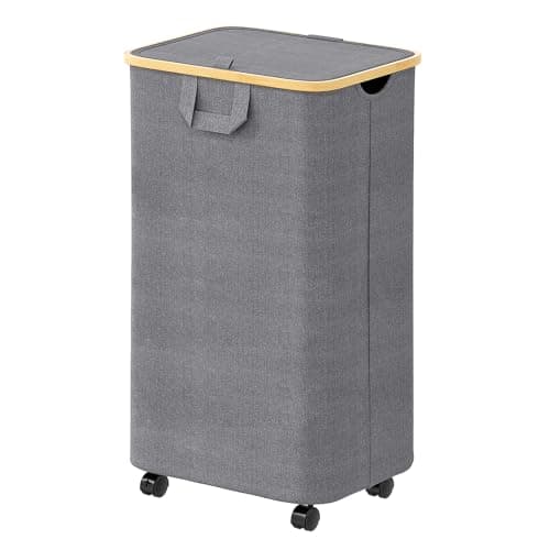SpaceAid Laundry Hamper with Wheels and Lid, 26 Gal (100L) Rolling Clothes Basket with Bamboo Handle, Large Laundry Hamper for Bedroom, Bathroom, Dorm, Laundry Room - Grey