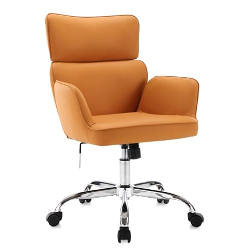 BERYTH Home Office Chair with Wheels, Adjustable Height Swivel Mid-Back Armchair Task Chair, Modern PU Leather Ergonomic Tilt Computer Desk Vanity Chair for Office, Study Room(PU Orange)