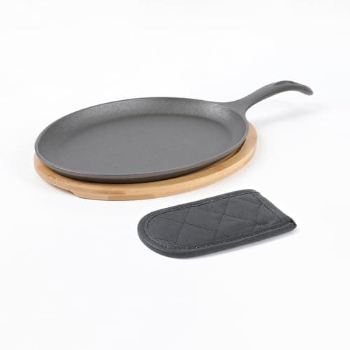 HAWOK Cast Iron Fajita Plate, 15.35''Lx7.09''W, with Bamboo Tray and Handle Holder, Pre-seasoned