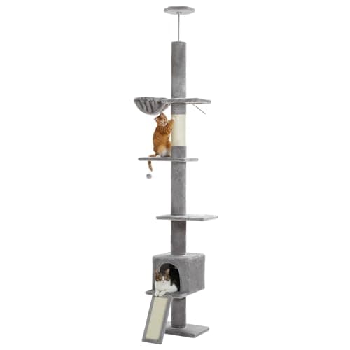 PEQULTI Cat Tree Floor to Ceiling, Tall Cat Tower, Adjustable Height (83''-108'') 5 Tiers Climbing Tree for Indoor Cats with Cat Condo, Scratching Post and Ladder, Grey