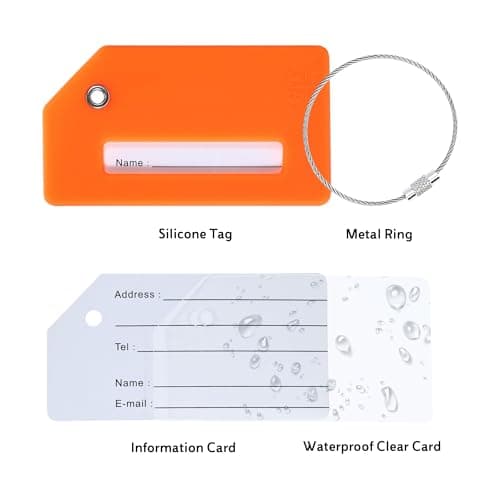 5 Pack Silicone Luggage Tag for Suitcases with Stainless Loop, TSA Approved, Privacy Protection Travel Essentials Bag Tags by Gostwo, Orange 7