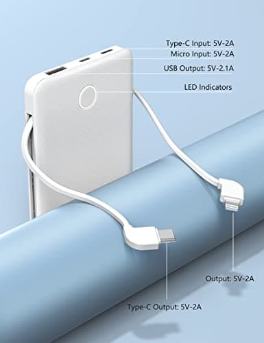 6000mah Ultra Slim Built in Cables Power Bank, Card Size Built in USB C Cords Battery Pack Portable Charger for Phones, 3 Output External Battery Pack Compatible with iPhone, 2-Pack Black & White 9