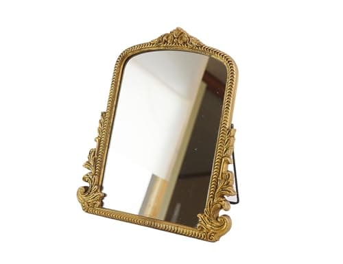 2026 Spring Women's Gifts Small Vintage Vanity Makeup Desk Mirror Antique Traditional Chic Arch Table Mirror Gold，Decor Wood Carved Mirror for Living Room,Bedroom,Tabletop 11.8" x 9.6"