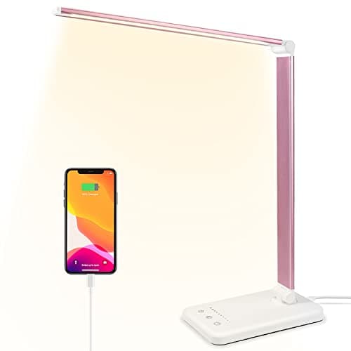 HMFUNTM Led Desk Lamp, Desk Lamp with USB Charging Port, 5 Color Modes, 10 Brightness, Natural Light, Eye Caring Reading Lamp, Desk Light for Home Office, Table Lamp, Touch Control, Auto-Timer, Pink