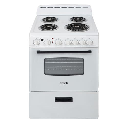 Avanti Electric Range Oven Compact Design, 2.6-Cu.Ft. Capacity with 4 Coil Burners, Framed Glass Oven Door, Storage Drawer and Broiler with Pan Perfect for Apartment RV Tiny Home, 24-Inch, White