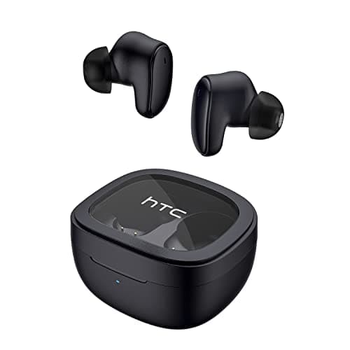 HTC True Wireless Bluetooth Earbuds 9 Bluetooth 5.3, in-Ear Earphones Transparent Case Design with Wireless Charging Fuction, 24Hour Playtime/Game Modes/Built-in Mic/Touch Control -Black