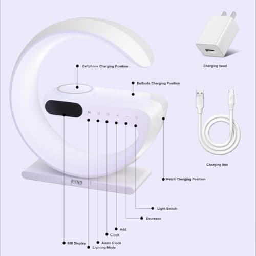 RYND 2026 Magnetic 5 in 1 Speaker Alarm Clock with Wireless Charger, Bedside Lamp with Adjustable Night Light, Gift for Family/Friends(White) 5