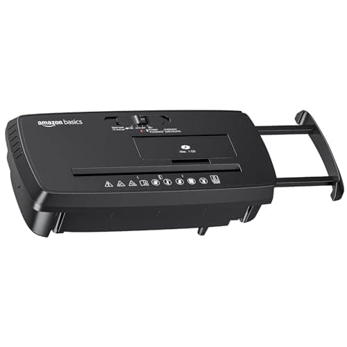 Amazon Basics 8-Sheet Strip Cut Portable Paper, CD, and Credit Card Shredder with Auto-Off, Overheat Protection, Compact Design, No Basket, Extendable Arm, Black