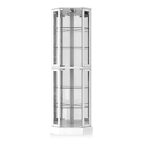 BELLEZE Lighted 3-Side Glass Display Curio Cabinet with Tempered Glass Doors and Shelves, Curved Wood Corner Cabinet with Bulb, Corner Curio Storage Rack for Bar and Liquor Storage - Ashfield (White) 6