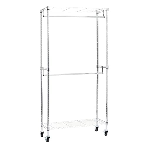 Amazon Basics Adjustable Clothes Rack for Handing, Double Hanging Rod Garment Rolling Closet Clothing Organizer, Chrome, 36'' x 14'' x 72''