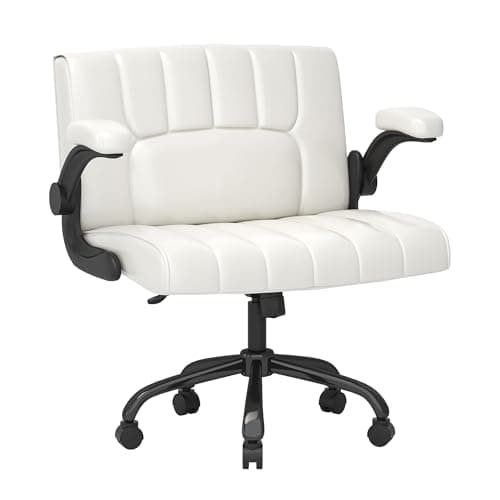 FLEXISPOT White Desk Chair, Criss Cross Chair with Wheels, White Vanity Chairs with Back/Flip-up Armrest/4.7in Thick Seat Cushion, 25 * 23in Wide Comfortable Office Chairs, Leather Seat