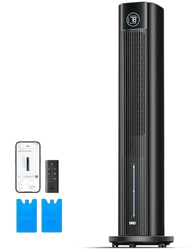 DREO Tower Fan for Bedroom, 43" Cooling Fans That Blow Cold Air 2025 Upgraded, Evaporative Air Cooler, Quiet 85° Oscillating Floor Fan, Easy Cleaning, APP Control, 4 Modes & 4 Speeds, 12H Timer, Black