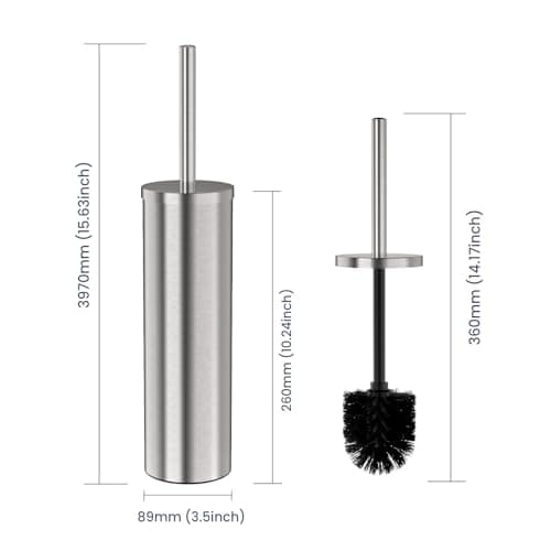 DOWRY Stainless Steel Toilet Bowl Brush and Holder for Bathroom, Deep Cleaning Toilet Brush and Holder Set with Long Handle, Hidden Toilet Bowl Brush with 2 Heads,Modern Decor Nickel Brushed Round 7
