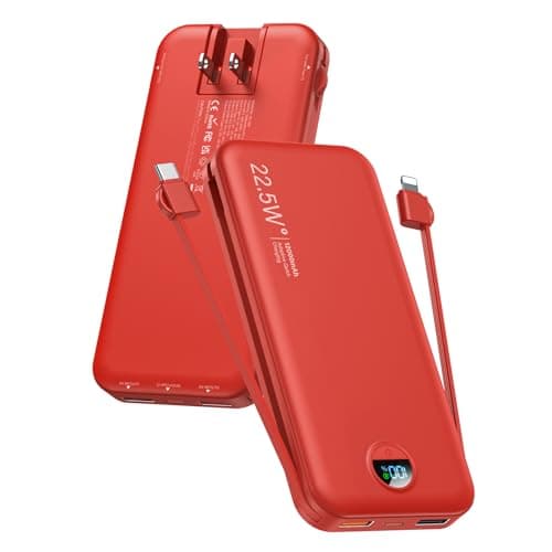 citicr Portable Charger Power Bank, 12000mAh 22.5W USB C Fast Charging with Built-in Cables & Wall Plug, 5-in-1 Battery Pack with LED Display, Ultimate Travel Essential for iPhone, iPad, Samsung Red
