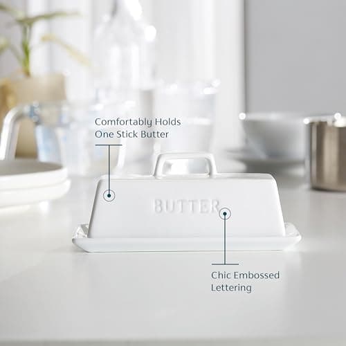 Butter Dish with Lid for Countertop, by Kook, Ceramic Dish Tray with Cover, Kitchen Keeper, Container, Holder (White) 2