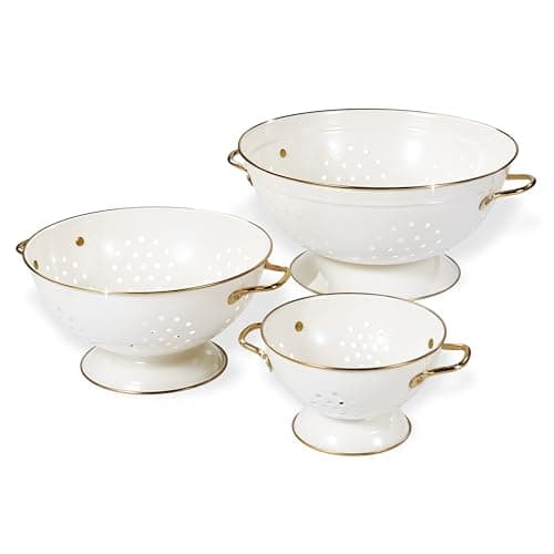 Metal Colander Set of 3, Strainer Basket with Handles perfect for Spaghetti, Pasta, Berry, Vegetable, Fruit, Solid Base Powder Coated Kitchen Essential Strainer Set, 1 & 3.5 & 5 Qt (Cream)