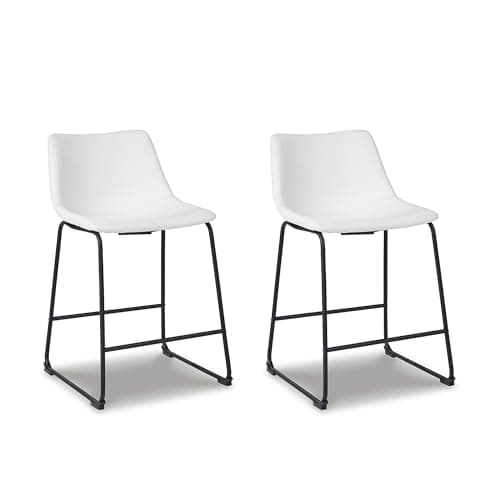 Signature Design by Ashley Centiar Casual Bucket Seat Dining Upholstered Bar Stool with Black Metal Base, Set of 2, Faux Leather, 23.75" Seat Height, White
